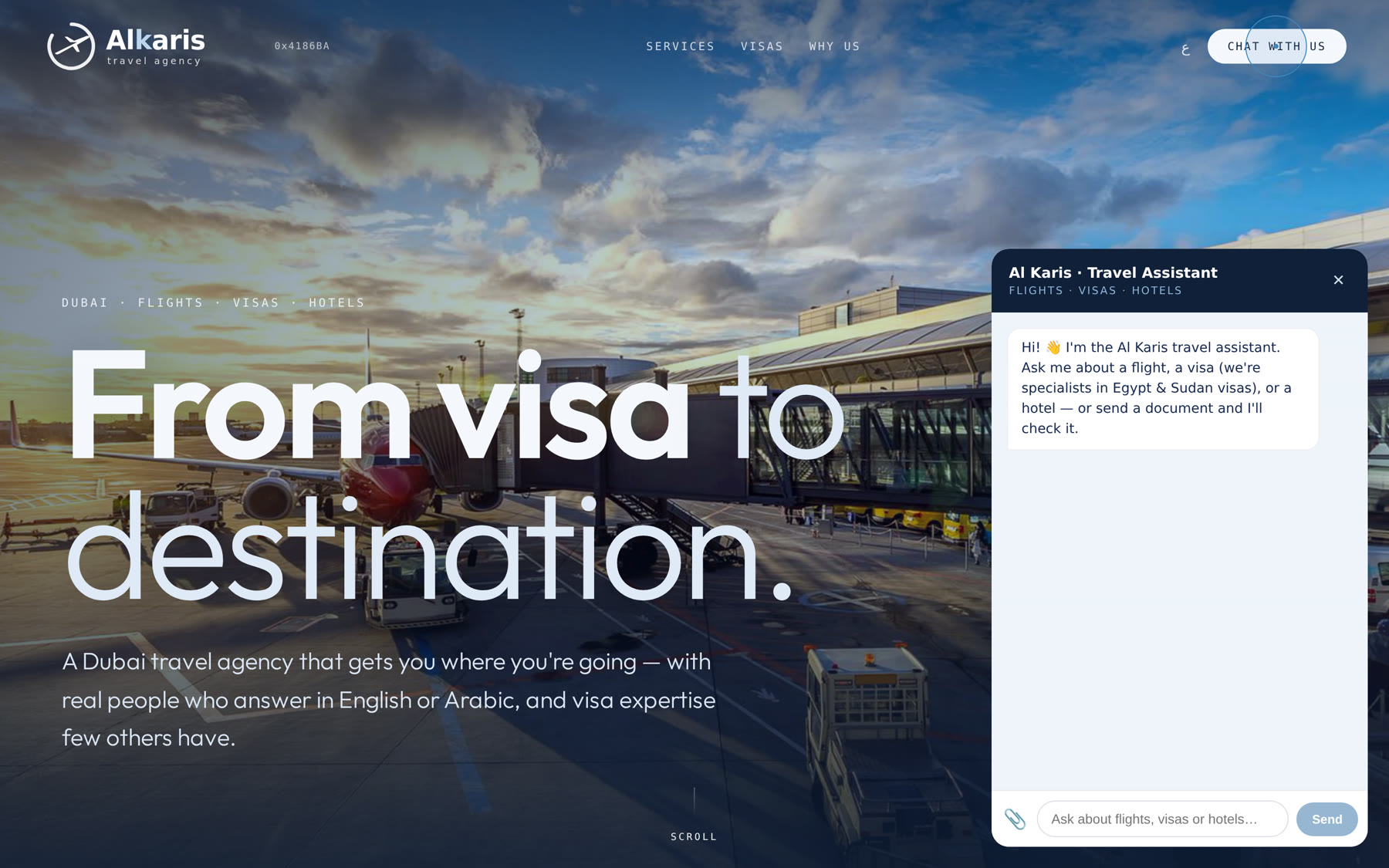 The live site with the AI travel assistant open — flights, visas, hotels, and document review